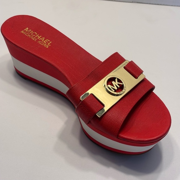 MICHAEL Michael Kors Shoes - Michael Michael Kors Women's Wedges Sandals Slip On SZ 8 Red White Gold MK Accen